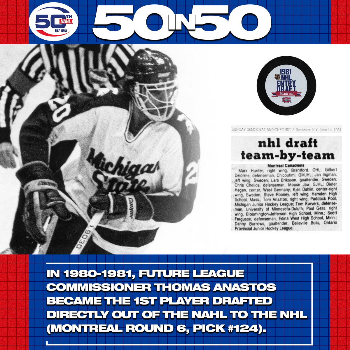 Tom Anastos began his playing career with the Paddock Pool Saints and went on to become commissioner of the NAHL and @CCHAhockey

#NAHL50th | #50in50