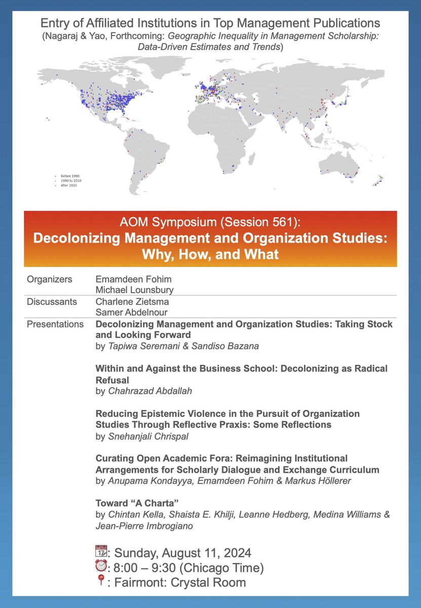 Thrilled to have our work on the need and approach to re-imagine conferencing and curate open  academic fora be part of this presenter symposium at #AOM2024!

If you're attending #AOM in Chicago, join and shape the conversation on August 11th at 8 AM at the Fairmont...