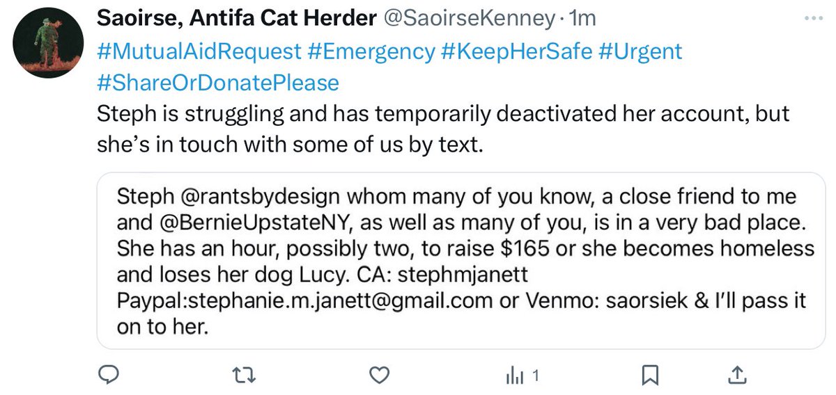 SaoirseKenney's tweet photo. #MutualAidRequest #Emergency #KeepHerSafe #Urgent #ShareOrDonatePlease 
Steph is struggling and has temporarily deactivated her account, but she’s in touch with some of us by text. Thank you J ❤️ She has enough for two nights. If we could raise some more it would boost her MH ❤️ https://t.co/eSxyK1kRKu