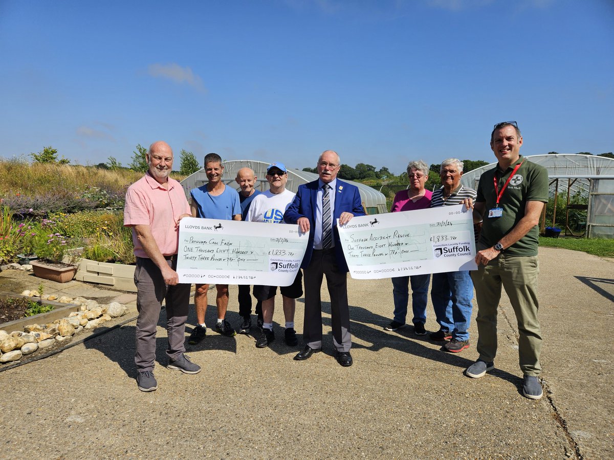 Councillor Keith Robinson, 2023 / 2024 Chairman of Suffolk County Council was pleased to present both his nominated Charities, Suffolk Accident Rescue Service and Pathway Care Farm with a cheque for £1833. 78 each raised during his term of office