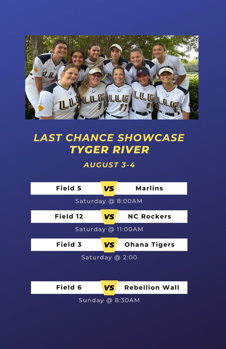 This weekends schedule up in Spartanburg! I’m super excited to play this weekend and see some amazing players/coaches!! <a href="/LLGWatson/">LLG Watson</a> <a href="/Org_LLG/">Lady Lightning Gold Org Account</a>