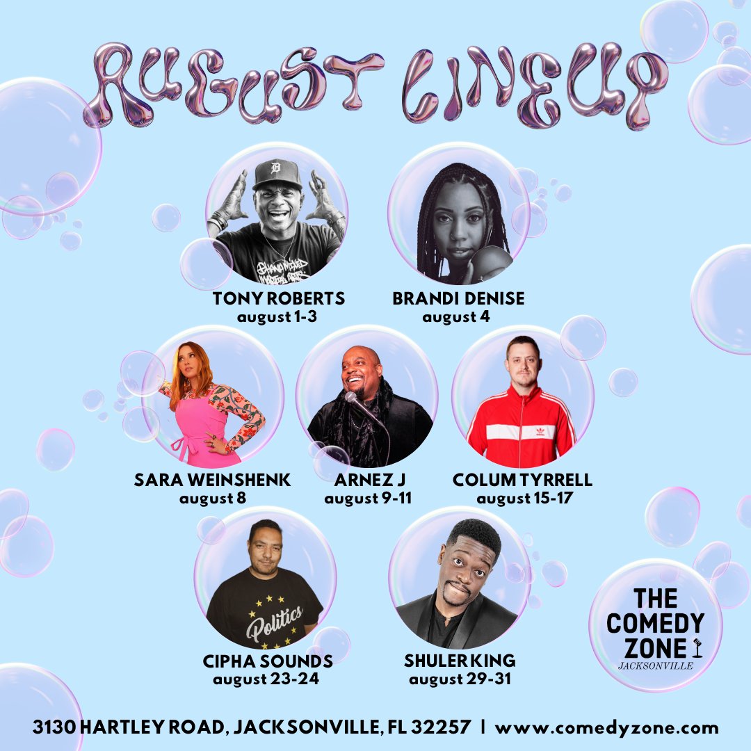 The Comedy Zone Jacksonville (@comedyzonejax) on Twitter photo Our August lineup is LIVE! Superstar comics <a href="/TonyTRoberts/">Tony Roberts</a> <a href="/lolbrandidenise/">Brandi Denise</a> <a href="/princessshenk/">Sara Weinshenk</a> <a href="/arnezjcomedy/">Arnez J.</a> <a href="/columtyrrell/">Collie Tyrrell</a> <a href="/ciphasounds/">CIPHA SOUNDS</a> & <a href="/shulerking/">Shuler King</a> will be performing with us this month, and we hope to see you there! ❤️
You can purchase tickets here: comedyzone.com Our August lineup is LIVE! Superstar comics <a href="/TonyTRoberts/">Tony Roberts</a> <a href="/lolbrandidenise/">Brandi Denise</a> <a href="/princessshenk/">Sara Weinshenk</a> <a href="/arnezjcomedy/">Arnez J.</a> <a href="/columtyrrell/">Collie Tyrrell</a> <a href="/ciphasounds/">CIPHA SOUNDS</a> & <a href="/shulerking/">Shuler King</a> will be performing with us this month, and we hope to see you there! ❤️
You can purchase tickets here: comedyzone.com