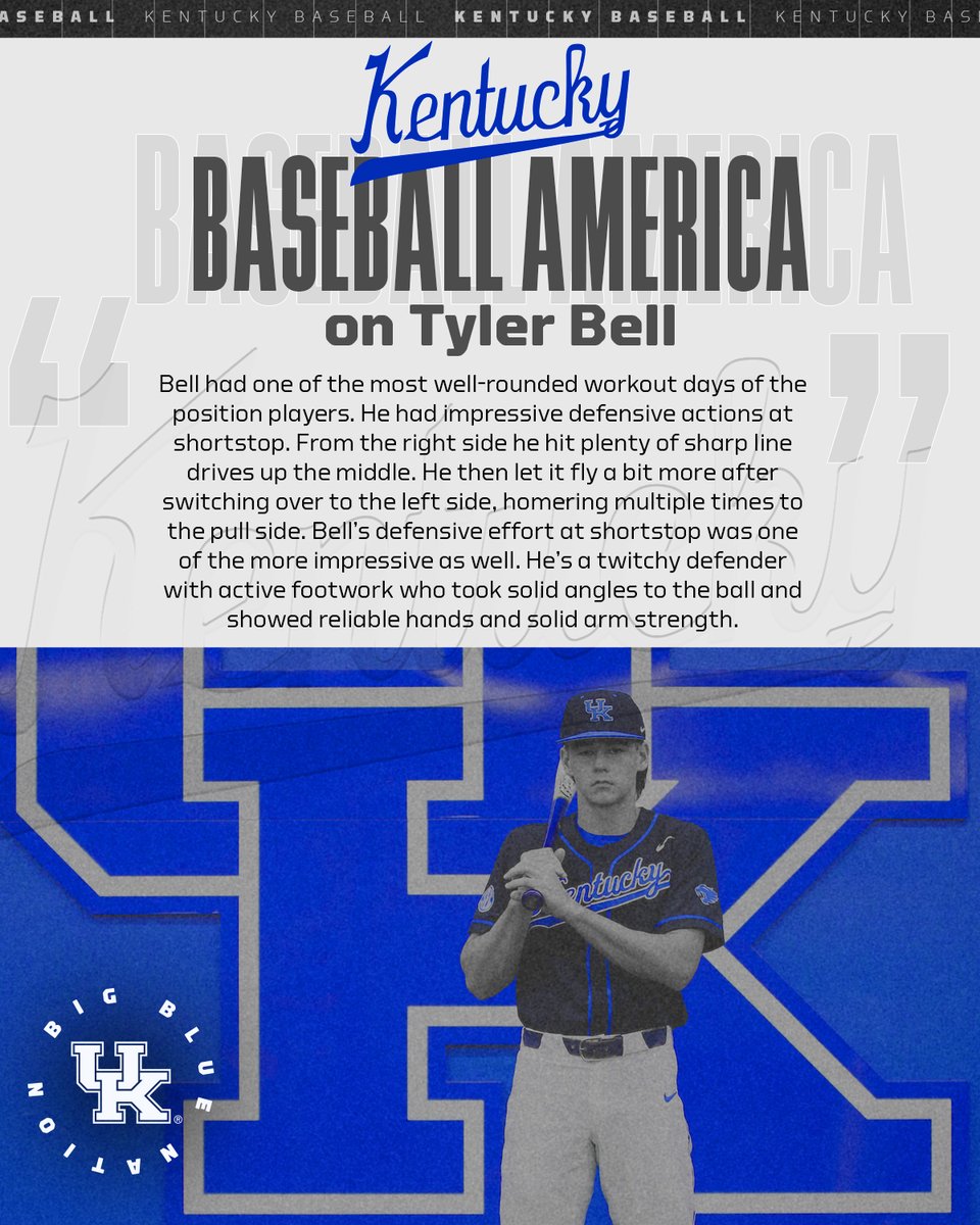 Kentucky Baseball (@ukbaseball) on Twitter photo At the MLB Draft Combine, <a href="/BaseballAmerica/">Baseball America</a> had this to say about <a href="/BellTyler28/">Tyler Bell</a>:
#WeAreUK At the MLB Draft Combine, <a href="/BaseballAmerica/">Baseball America</a> had this to say about <a href="/BellTyler28/">Tyler Bell</a>:
#WeAreUK