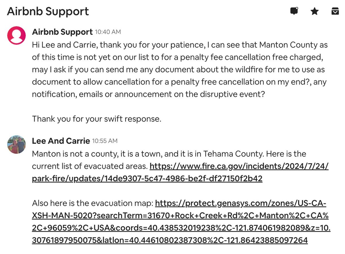Hi again <a href="/Airbnb/">Airbnb</a> - yet another failure when I'm trying to help my guests cancel penalty-free due to the #parkfire. Apparently you have forgotten about Tehama County where we are still evacuated. Maybe time to update your dataset? That angry red spot in the photo is FIRE.