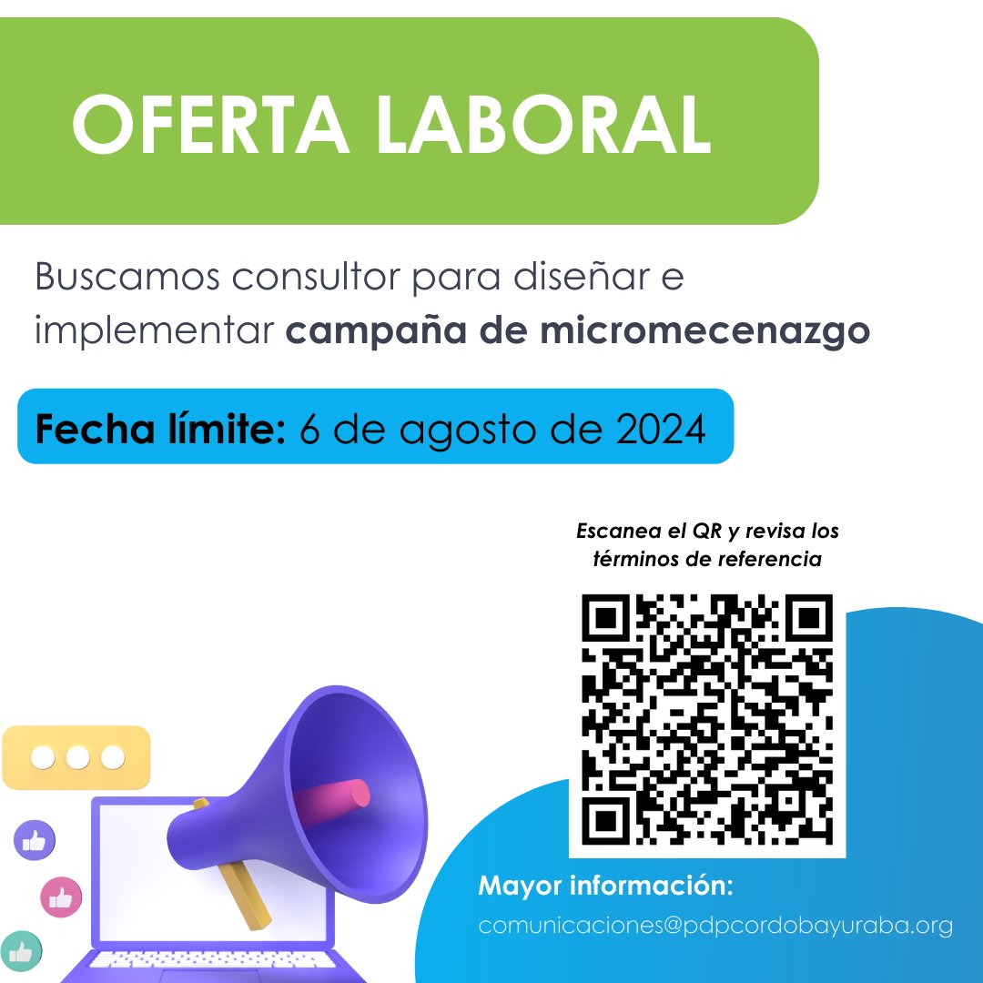 Cordupaz's tweet photo. #OfertaLaboral
Consultoría para diseñar e implementar campaña de micromecenazgo para gestión del voluntariado en Cordupaz.

Escanea el código QR y revisa los #TdR de la #convocatoria

▶ Más información: comunicaciones@pdpcordobayuraba.org https://t.co/glA68TffKu