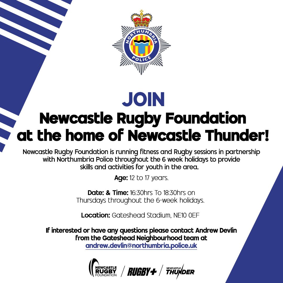 𝗛𝗼𝗹𝗶𝗱𝗮𝘆 𝗙𝗶𝘁𝗻𝗲𝘀𝘀 𝗮𝗻𝗱 𝗥𝘂𝗴𝗯𝘆 𝗦𝗲𝘀𝘀𝗶𝗼𝗻! 🏉🏃 

Newcastle Rugby Foundation is hosting fitness and Rugby sessions with Northumbria Police at Newcastle Thunder 

⏰ 16:30-18:30 on Thursdays during the 6-week holidays.
📍Gateshead Stadium

#buildbelonging