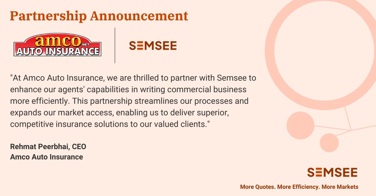 SemseeQuotes's tweet image. 📢 Exciting News! 📢

We are thrilled to announce that AMCO Auto Insurance has partnered with Semsee to enhance their commercial business offerings! 🚗🤝

#AMCOInsurance #Semsee #InsuranceInnovation #CommercialInsurance #Partnerships #Efficiency #MarketAccess