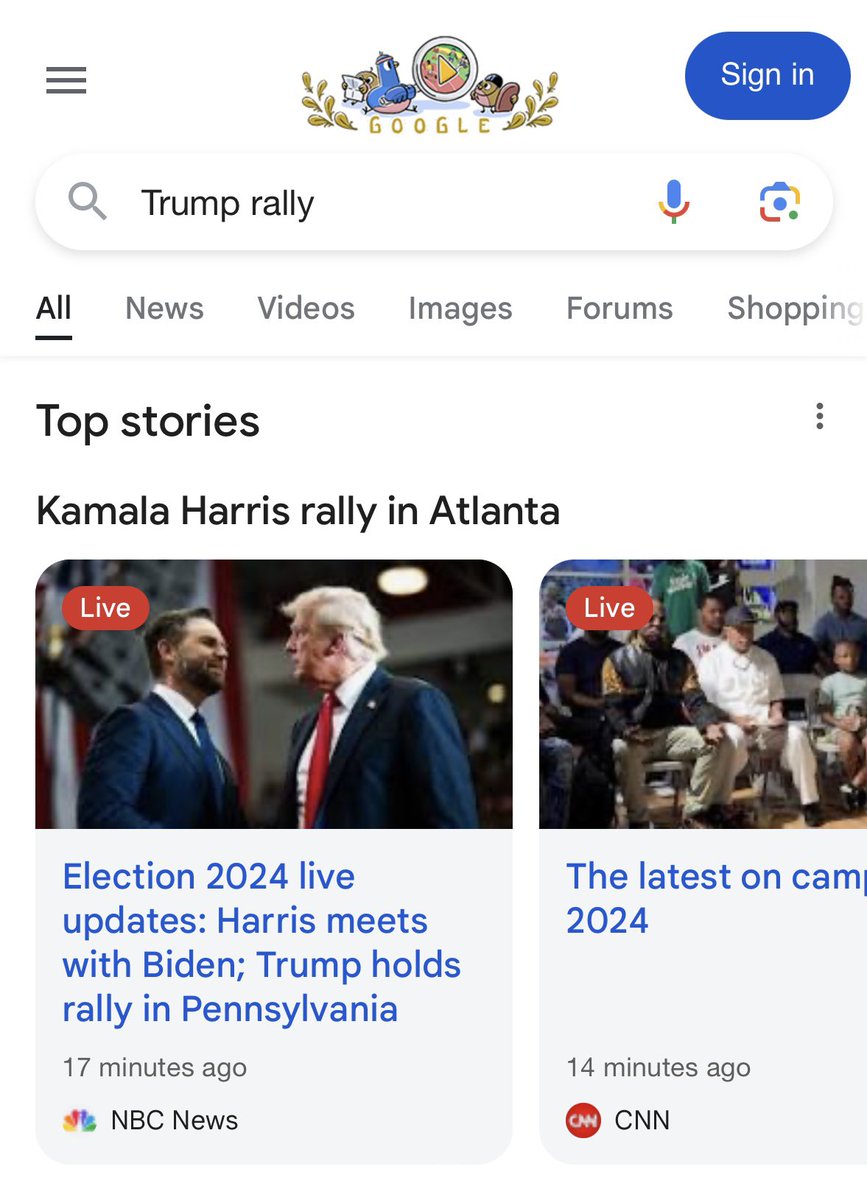 Just did a search for “Trump rally” on Google and Kamala was the top result!