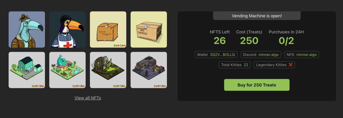 ShittyKitties_'s tweet image. The #ShittyVendingMachine is the most hyped utility in our shitty ecosystem.

Every month, holders get the opportunity to spend $TREATS and get a random #AlgorandNFT.  Some are dope, some are $SHRIMP Sticks.

Why not scoop a Fourth Litter kitty and participate next month? 😻