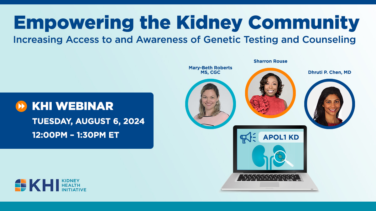 Widespread APOL1 #GeneticTesting and counseling can support individuals in making informed, health-promoting decisions to manage their risk. ​

Join the KHI for a webinar on potential strategies &amp; solutions to increase #GeneticTesting access &amp; awareness: bit.ly/3W4rdol