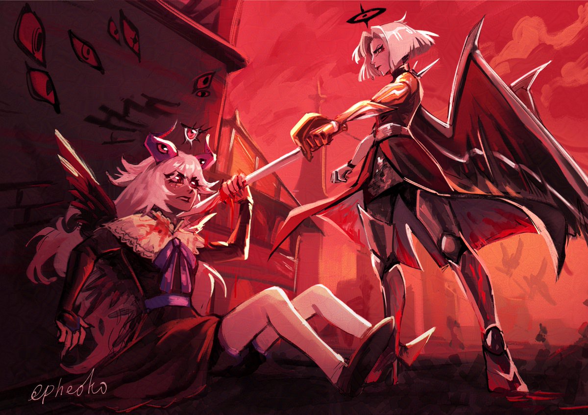 fallen seraphim emily and the new exorcist leader lute, meeting each other again in unusual circumstances 

commission for <a href="/ForEveningstar/">Eveningstar</a> ^^ thank you very much ❤️
#HazbinHotelEmily #HazbinHotelLute #emilute