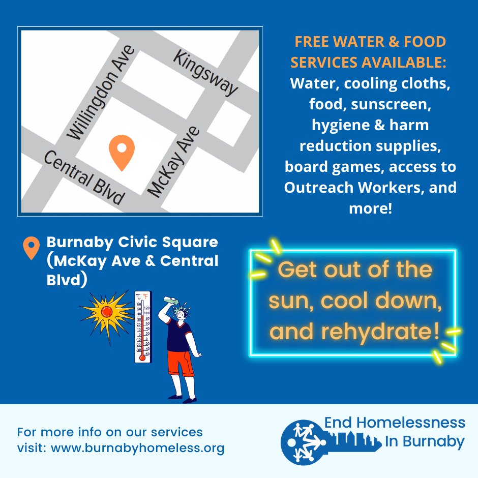 🌞The heat is back! Our cooling centres will be open Aug 1-3 from 11-5:30 pm.    📷Civic Square (6100 Willingdon Ave, outside Bob Prittie Metrotown Library) #burnabybc