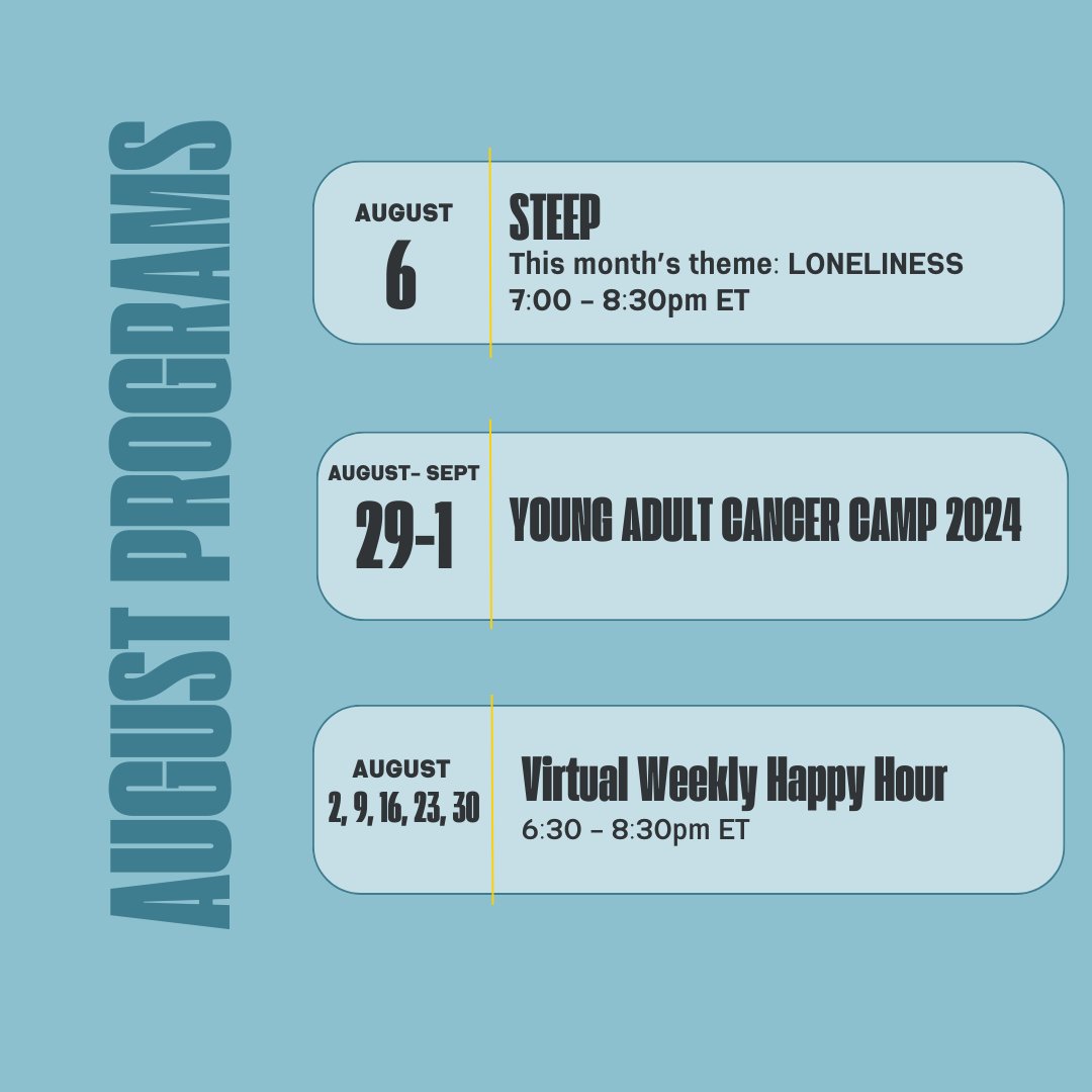 ElephantsTea's tweet image. Take a look at the amazing programming we have coming up in August! What will you be joining us for? Let us know in the comments!

#August2024 #supportprograms #jointheherd #ayasupport #ayacancer #yacancer #ayacancersupport #ayacommunity #augustprogramming #elephantsandtea