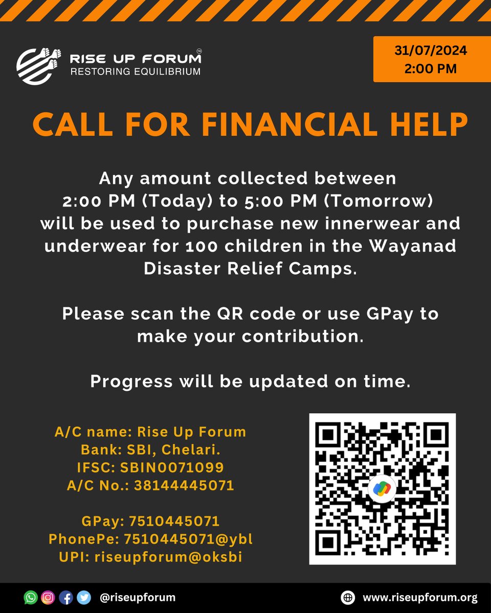 riseupforum's tweet image. #SpecialRequest from #Wayanad #reliefcamp. 
With the funds received, we aim to deliver new packs of innerwear for 100 children in the camps.
Updates to follow.
#WayanadLandslide #WayanadDisaster #KeralaRains #WesternGhats #StaySafe