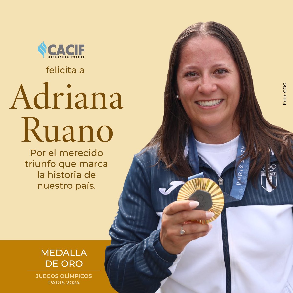 CACIFGuatemala's tweet photo. Con inmenso orgullo felicitamos a Adriana Ruano Oliva, la primera mujer en la historia de Guatemala en ganar una medalla olímpica🥇🇬🇹. Su logro, así como la imposición del nuevo récord olímpico, es un ejemplo de dedicación y pasión, que nos inspira a seguir soñando en grande.
#GuatemalaEnParís2024 #JuegosOlímpicos #Paris2024 #Oro