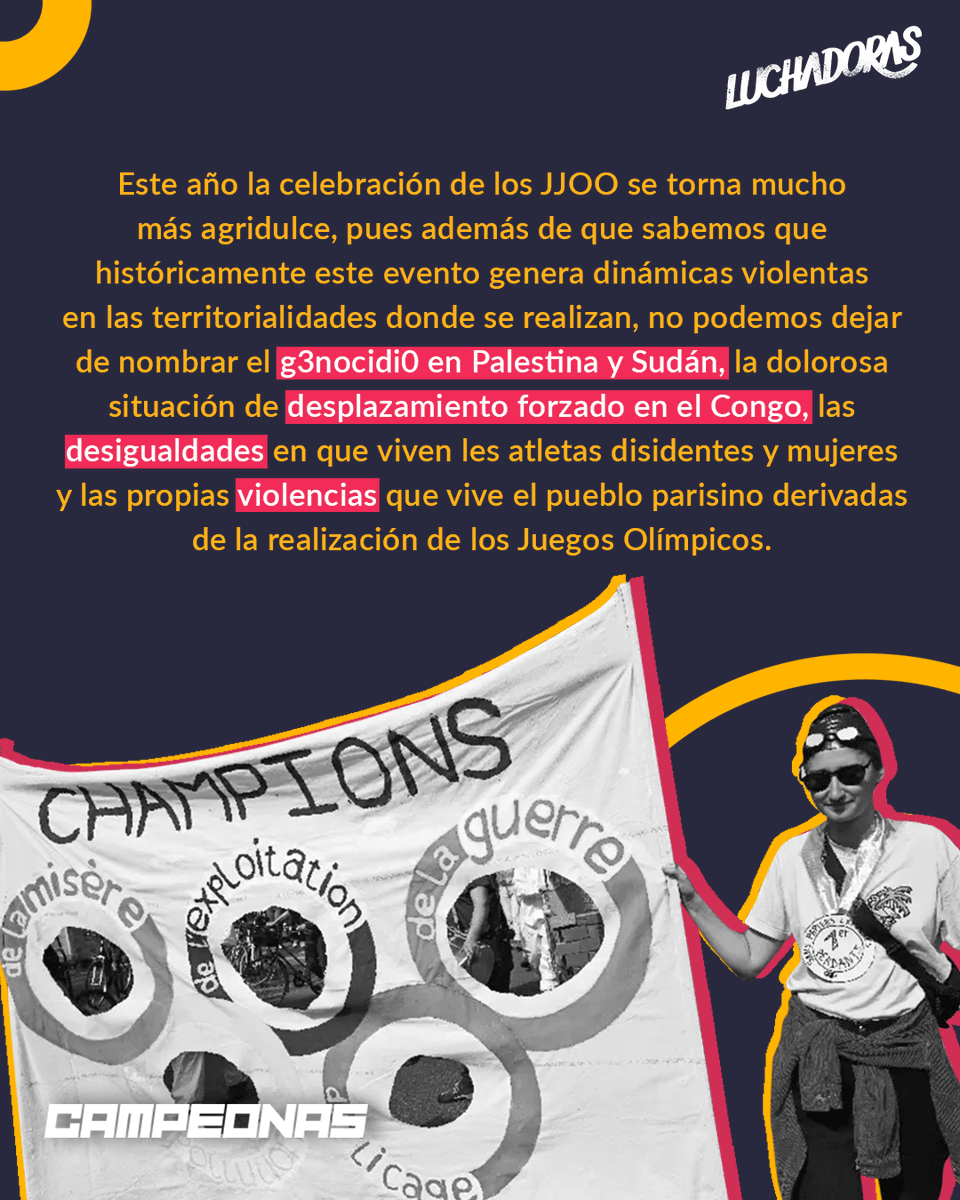 LuchadorasMX's tweet photo. Celebramos siempre el esfuerzo y logros de las #Campeonas que han sido invisibilizadas🏋️‍♀️⛹️‍♀️pero no dejaremos de nombrar problemáticas y movimientos políticos globales.⚠️

👽Sigue la cobertura de #Paris2024 que hemos armado junto a @ginxglez  y @mimicerero
https://t.co/CtdKQbHFqs https://t.co/T6H0BDe9by