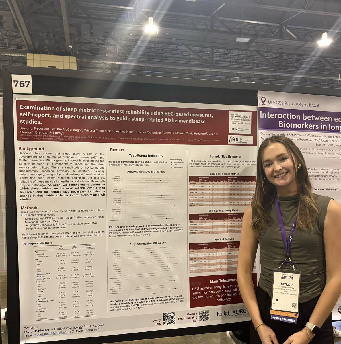 Let’s talk sleep + AD! Come by my poster #767 this afternoon to hear more about the test-retest reliability of measures from @BrendanLucey_MD ‘s longitudinal sleep study.  #AAIC24 #ENDALZ 🧠😴