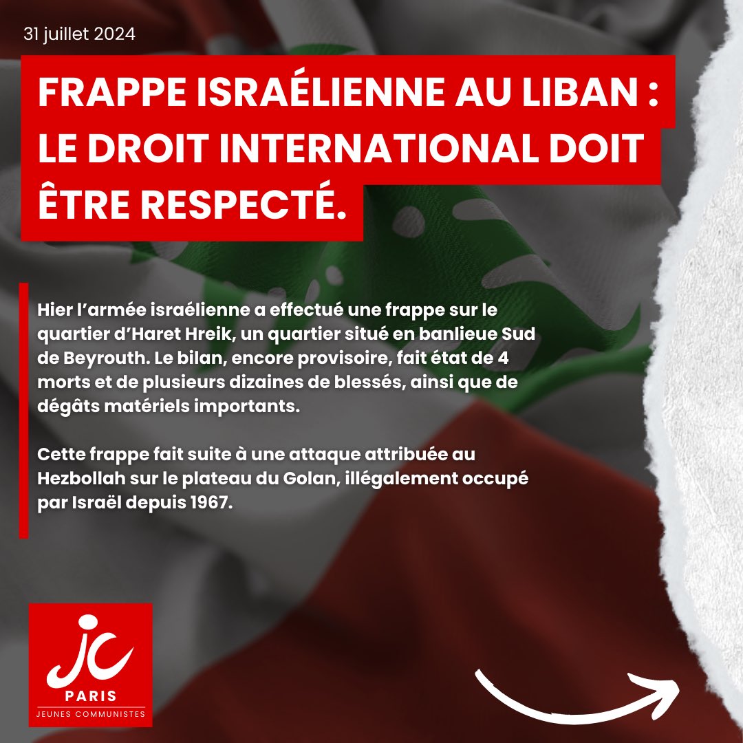 MJCF75's tweet photo. 🇱🇧 Frappes israéliennes au Liban : le droit international doit être respecté !

👉 Retrouvez le communiqué de la JC Paris, en réaction au risque d’escalade du conflit. https://t.co/ZfuuMyjBzz