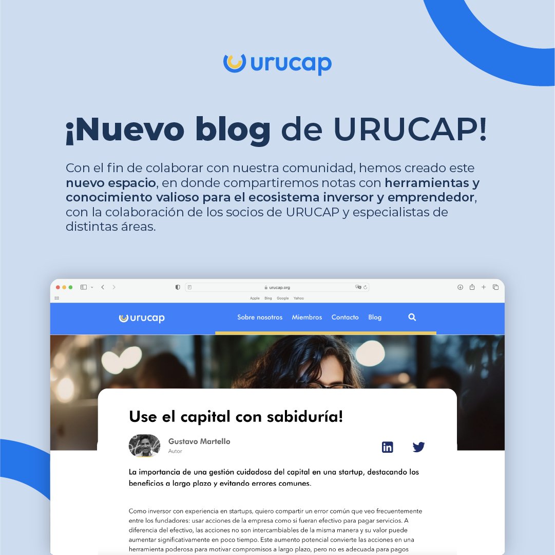 URUCAP (@urucapvc) on Twitter photo 🚀¡Nuevo blog de URUCAP!🚀
Con el fin de colaborar con nuestra comunidad, hemos creado este nuevo espacio, en donde compartiremos notas con conocimiento valioso para el ecosistema inversor y emprendedor, elaborados por los socios de URUCAP y especialistas de distintas áreas. 🚀¡Nuevo blog de URUCAP!🚀
Con el fin de colaborar con nuestra comunidad, hemos creado este nuevo espacio, en donde compartiremos notas con conocimiento valioso para el ecosistema inversor y emprendedor, elaborados por los socios de URUCAP y especialistas de distintas áreas.