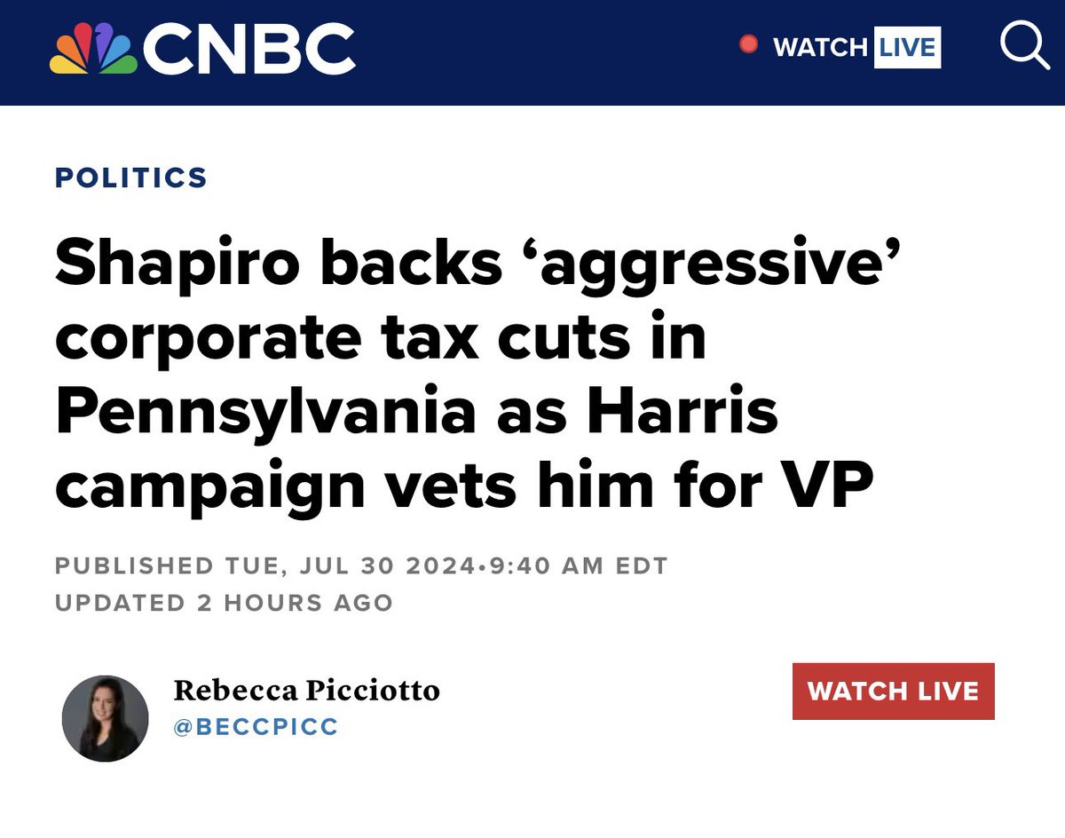 MrErnestOwens's tweet photo. Look which Governor recently (yesterday) made a play at Walk Street by pushing for aggressive corporate tax cuts.

Follow the money, but it's looking like Shapiro. https://t.co/bIGVq3vVTC