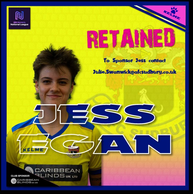 Jess Egan, RETAINED for the 24/25 Season. 

Jess is available to sponsor. Contact Julie.Swanwick@afcsudbury.co.uk 💛💙🩷