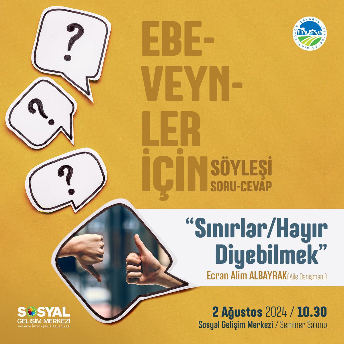 Sağlıklı sınırlar koymanın ve "hayır" demenin önemini konuşacağımız “Sınırlar / Hayır Diyebilmek” adlı söyleşimize davetlisiniz! 🗣️

🗓️ Tarih: 2 Ağustos 
⏰ Saat: 10.30
📍 Yer: SGM Seminer Salonu

Tüm ebeveynlerimizi bekliyoruz.✨