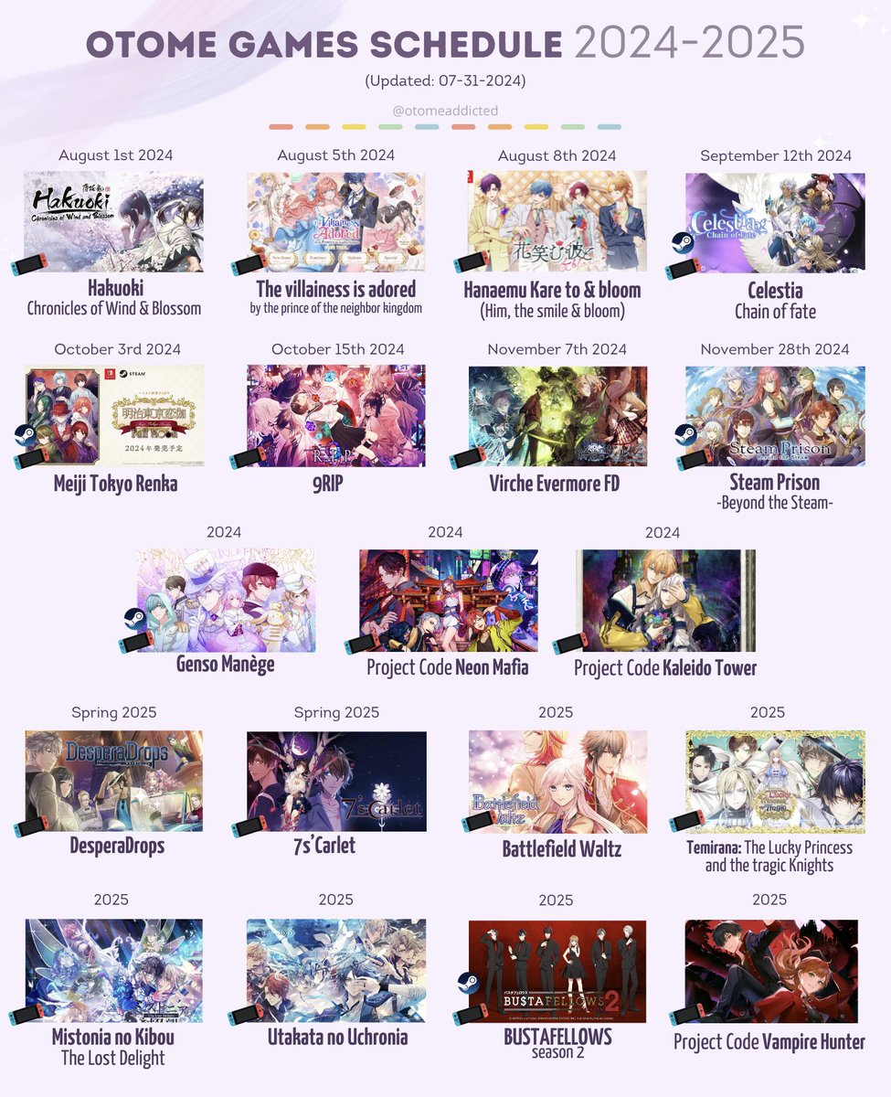 otomeaddicted's tweet photo. New otome game release schedule📆

We got some new dates so I updated the calendar! August is going to be crazy! 

What’s your next purchase?✨ https://t.co/TwJLfaf3BR