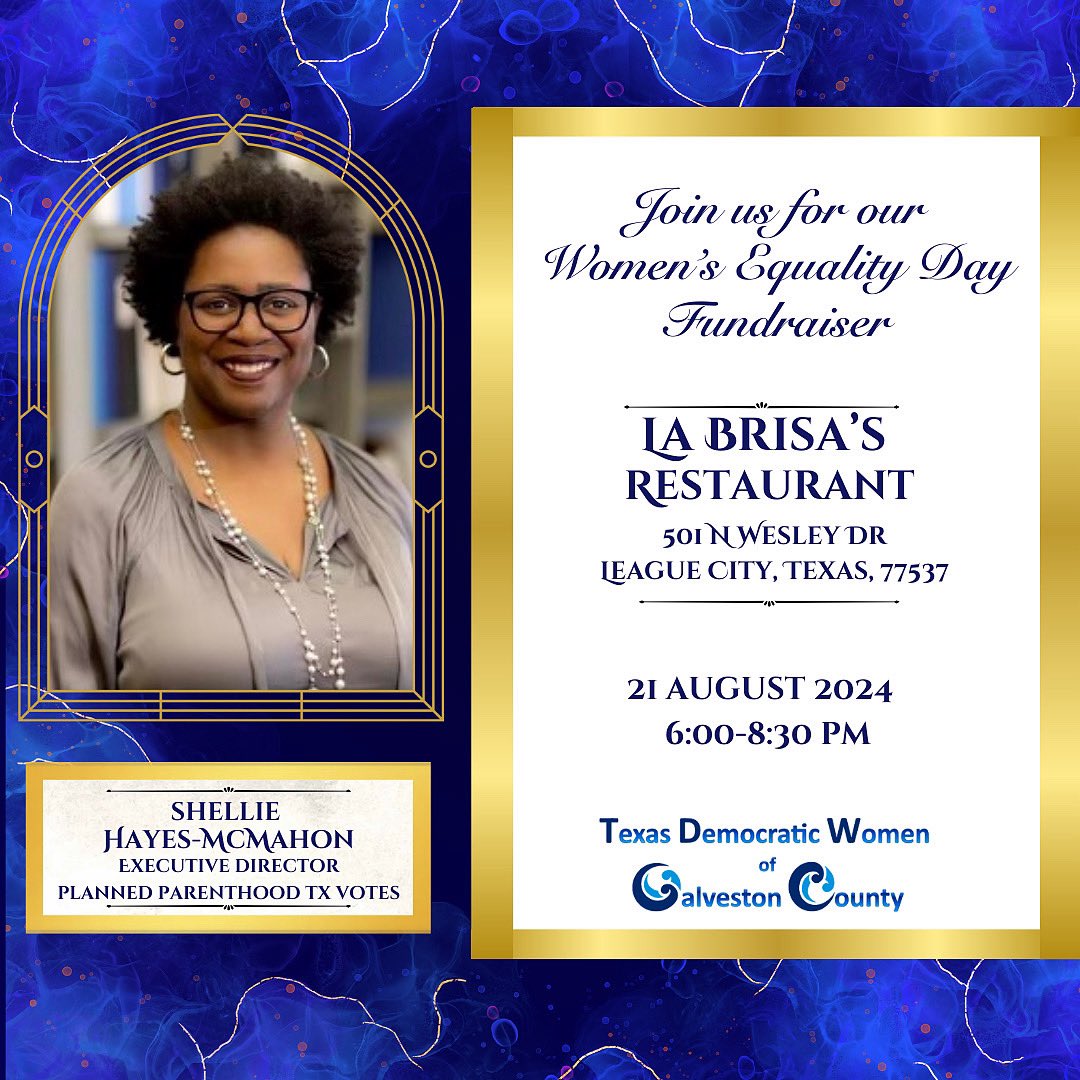 DemocraticTx's tweet photo. You are part of history! 🎉 Join us for Women's Equality Day with guest speaker Shellie Hayes-McMahon.
🗓 Aug 21, 2024
🕕 6:00 PM - 8:30 PM
📍 La Brisa’s, League City (Back Banquet Room)
Let's rally to restore our reproductive rights! 💪
Tickets:
https://t.co/zBy1iwOmyI https://t.co/DQMQiRdksu