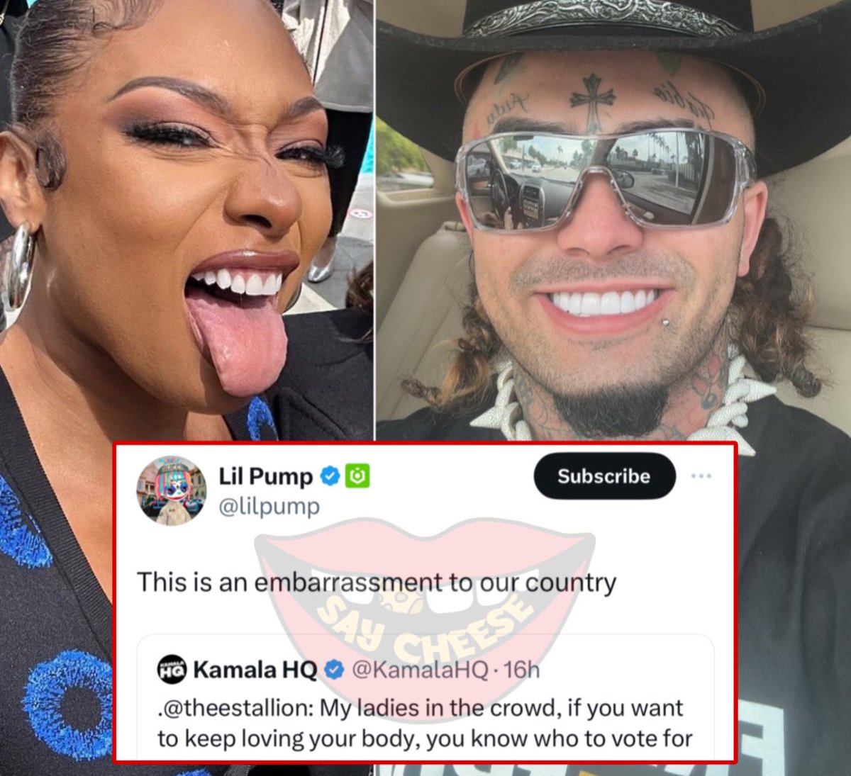 SaycheeseDGTL's tweet photo. Lil Pump reacts to Megan Thee Stallion performing at Kamala Harris rally: “This is an embarrassment to our country” https://t.co/JeG0AwCQhA