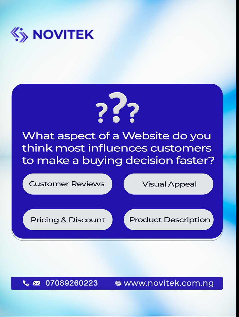 JosephAfamefula's tweet image. At #Novitek, we specialize in creating stunning, #user_friendly websites that drive business growth. We build  #digital presence that convert visitors into loyal #customers.

What aspects of a #website design do you think most influences customer to make #buying decisions faster?