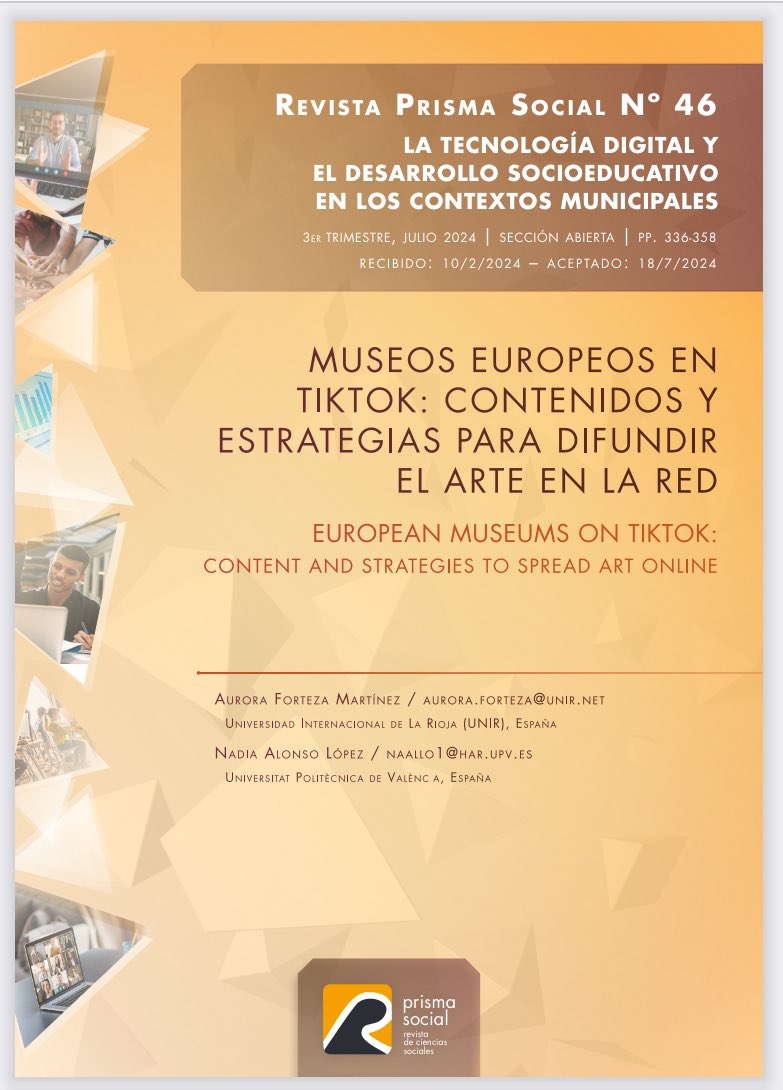 Nadia (@nadiaa40) on Twitter photo Después de más de tres años de trabajo 😅 ve la luz el artículo ‘Museos europeos en TikTok: Contenidos para difundir el arte en la red’ escrito junto a <a href="/aurora_f_m/">Aurora Forteza Martínez</a> y publicado en <a href="/PrismaSocialRev/">Revista Prisma Social</a> 🧵
<a href="/UPV/">Universitat Politècnica de València</a> <a href="/UPVCampusGandia/">Campus de Gandia | UPV</a> <a href="/UNIRuniversidad/">Universidad Internacional de La Rioja (UNIR)</a> Después de más de tres años de trabajo 😅 ve la luz el artículo ‘Museos europeos en TikTok: Contenidos para difundir el arte en la red’ escrito junto a <a href="/aurora_f_m/">Aurora Forteza Martínez</a> y publicado en <a href="/PrismaSocialRev/">Revista Prisma Social</a> 🧵
<a href="/UPV/">Universitat Politècnica de València</a> <a href="/UPVCampusGandia/">Campus de Gandia | UPV</a> <a href="/UNIRuniversidad/">Universidad Internacional de La Rioja (UNIR)</a>