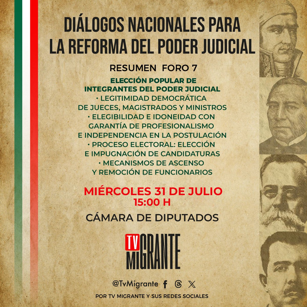 TvMigrante's tweet photo. 🗨️No te pierdas el resumen de los Diálogos Nacionales para La Reforma del Poder Judicial ⚖
🗣 El #Foro7 abordará:
👉🏾Elección popular de integrantes del Poder Judicial
Este 📅31 julio a las⏰15:00H
Por 📺 #TvMigrante👉https://t.co/xxDG8ceMEq https://t.co/vefbbissL3