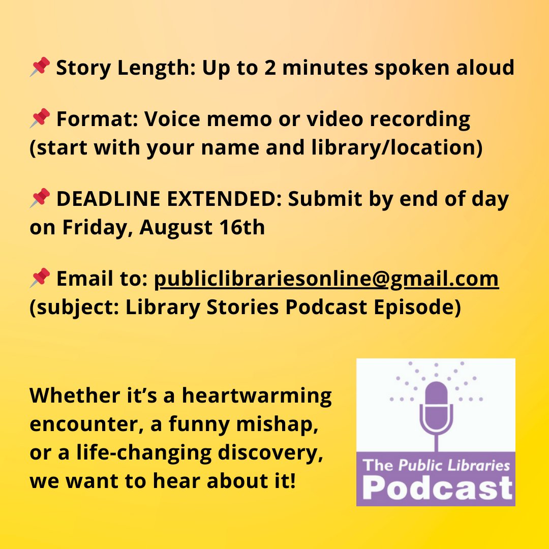 ALA_PLA's tweet image. Deadline for submissions extended! We&apos;d love to hear more of YOUR stories of public library joy to feature in an upcoming FYI podcast (@publibonline) episode. Send your 2 minute voice/video recording to publiclibrariesonline@gmail.com by Friday, August 16th. #LibraryJoy