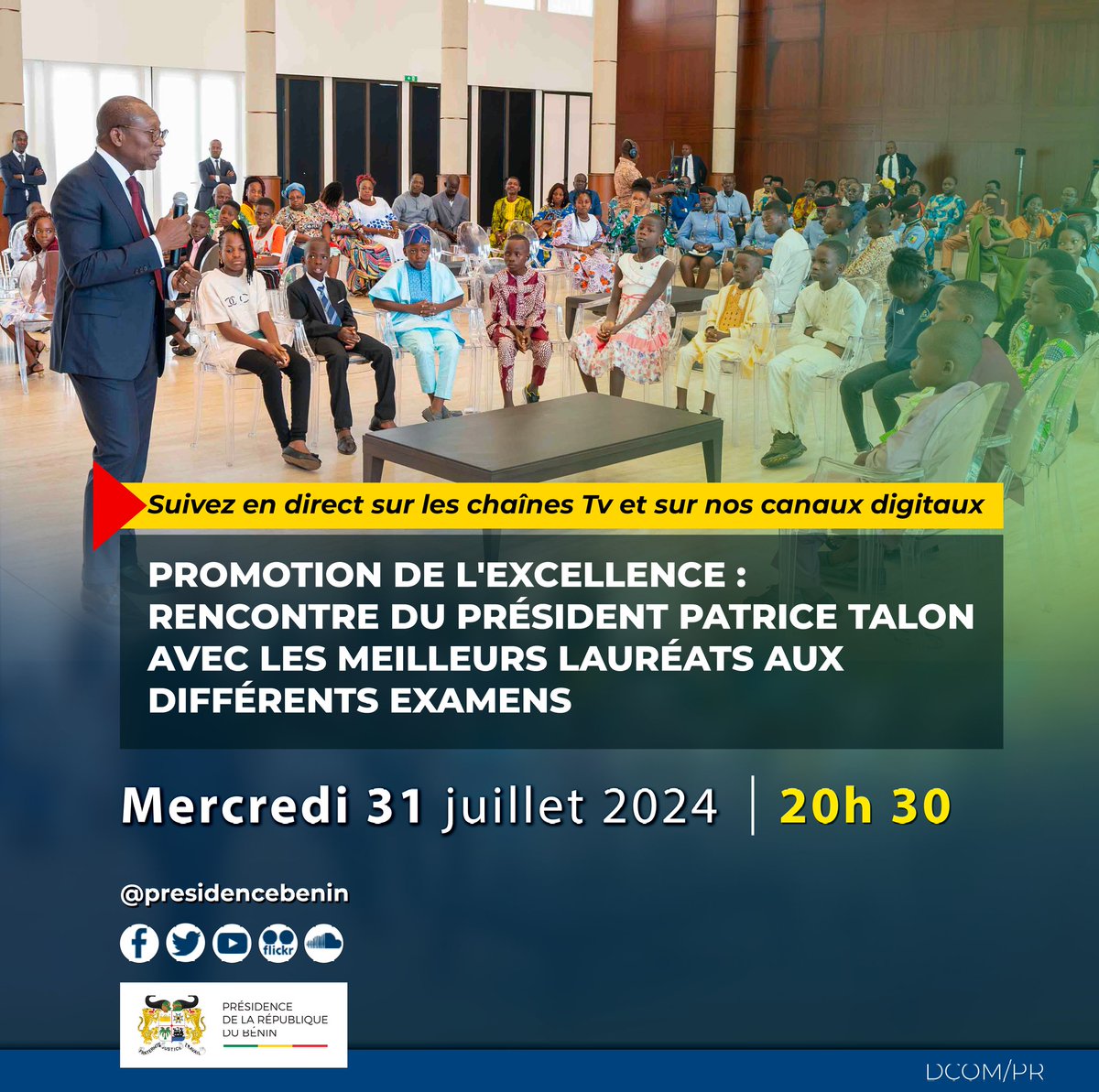 🚨 Suivez, ce Mercredi 31 juillet 2024 à partir de 20H 30 sur <a href="/benintv_infos/">BENIN TV</a>, les télévisions partenaires, et sur les canaux digitaux de la <a href="/PresidenceBenin/">Présidence du Bénin</a>, la rencontre du #Prbenin <a href="/PatriceTalonPR/">Patrice TALON</a> avec les meilleurs lauréats aux différents examens.

Merci de prendre le rdv