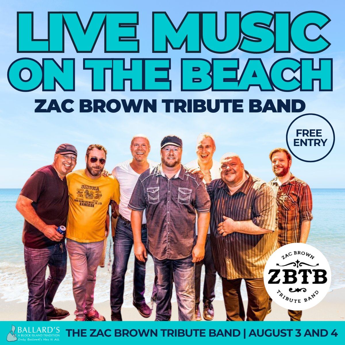 Get ready to experience the ultimate Zac Brown Tribute Band live on the beach this Saturday &amp; Sunday August 3rd and 4th, from 2 to 5:30 PM along with a returning Ballard's favorite, InsideOut, from 1-6:30pm! #ballardsbeach #ballards #blockisland #rhodeisland