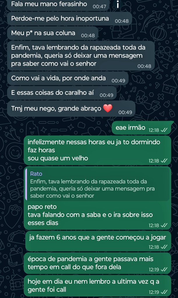 _Ferasi's tweet image. Quem diria que um jogo online e uma fucking pandemia me traria conexões e eventos tão fortes