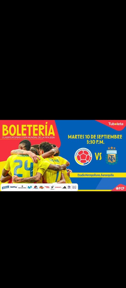 JhonPrez27's tweet photo. BOLETERÍA DISPONIBLE PARTIDO COLOMBIA 
#Colombia #viral @FCFSeleccionCol https://t.co/oqbD0cYwuR