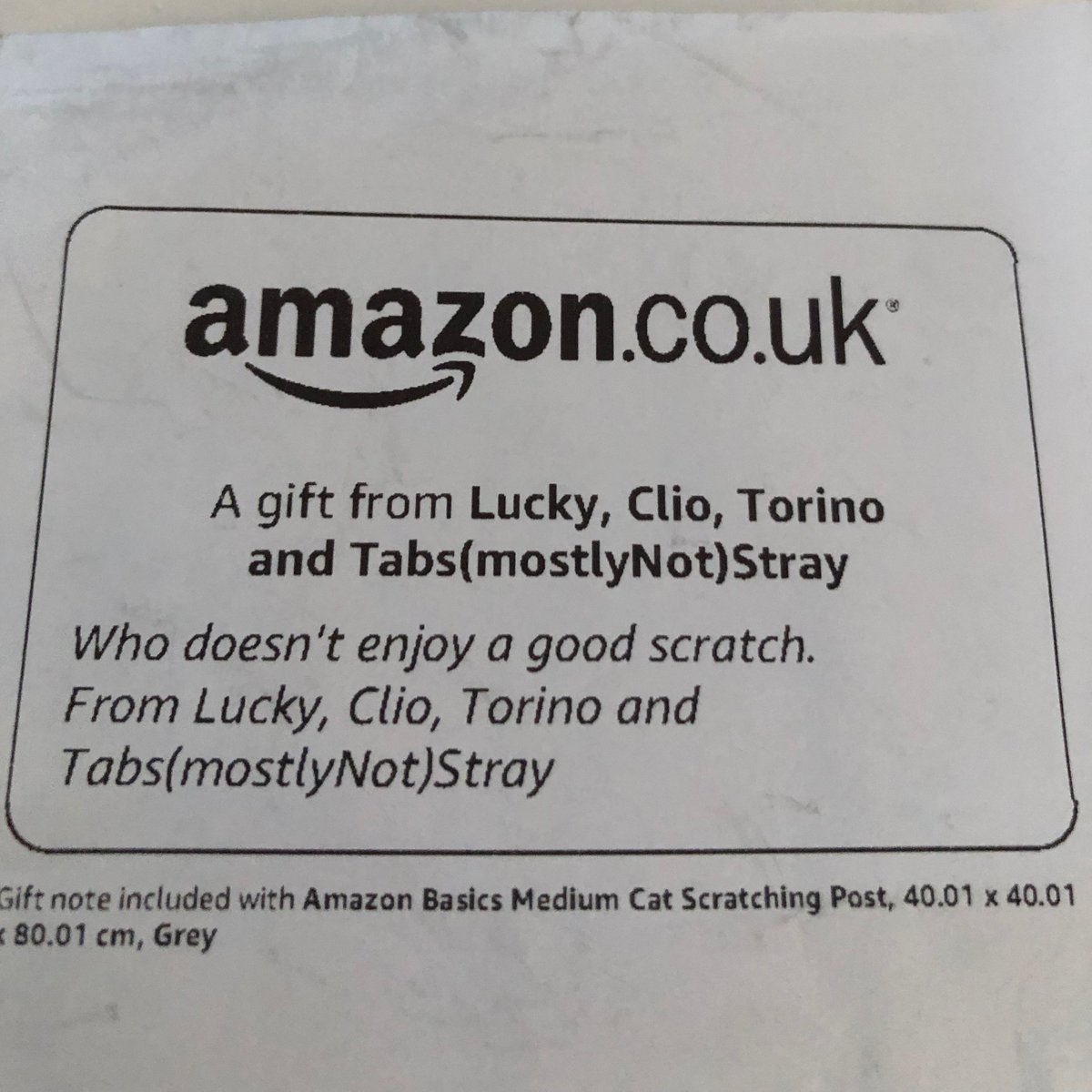 Fantastic gifts from <a href="/mogs_at_28/">The mogs at No. 28</a> - such clever felines to write messages on each of the gifts. Scratch post once assembled, and pawball toys will be appreciated by cats and nice addition from your human to benefit the fosterers too  🐈‍⬛🐈‍⬛🐈‍⬛🐈