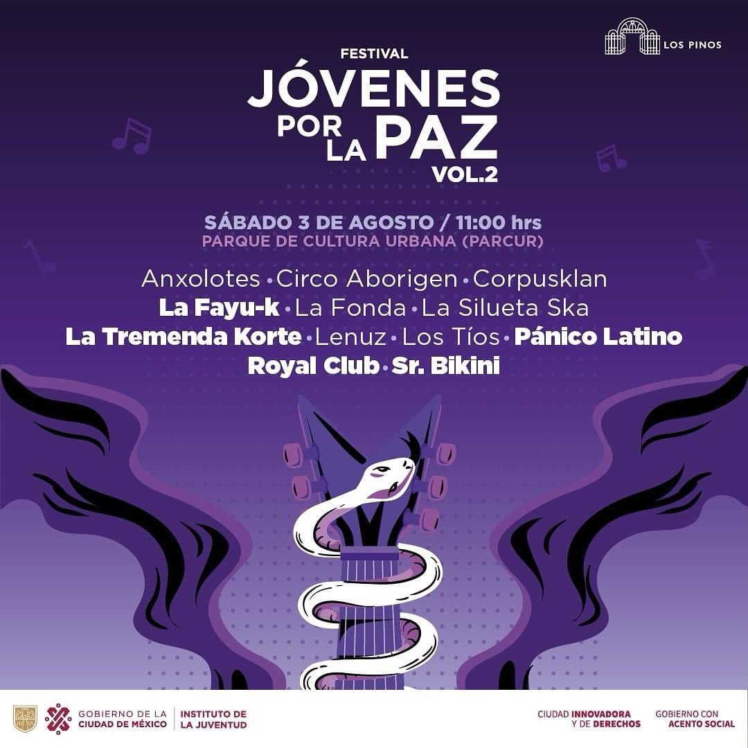 Chapultepec: Naturaleza y Cultura (@chapultepec_nc) on Twitter photo La segunda edición del Festival Jóvenes por La Paz. Llegará este 3 de agosto al parque de cultura urbana (Parcur) con mucha música.
Ven y disfruta de este evento gratuito.
<a href="/cultura_mx/">Secretaría de Cultura</a> La segunda edición del Festival Jóvenes por La Paz. Llegará este 3 de agosto al parque de cultura urbana (Parcur) con mucha música.
Ven y disfruta de este evento gratuito.
<a href="/cultura_mx/">Secretaría de Cultura</a>