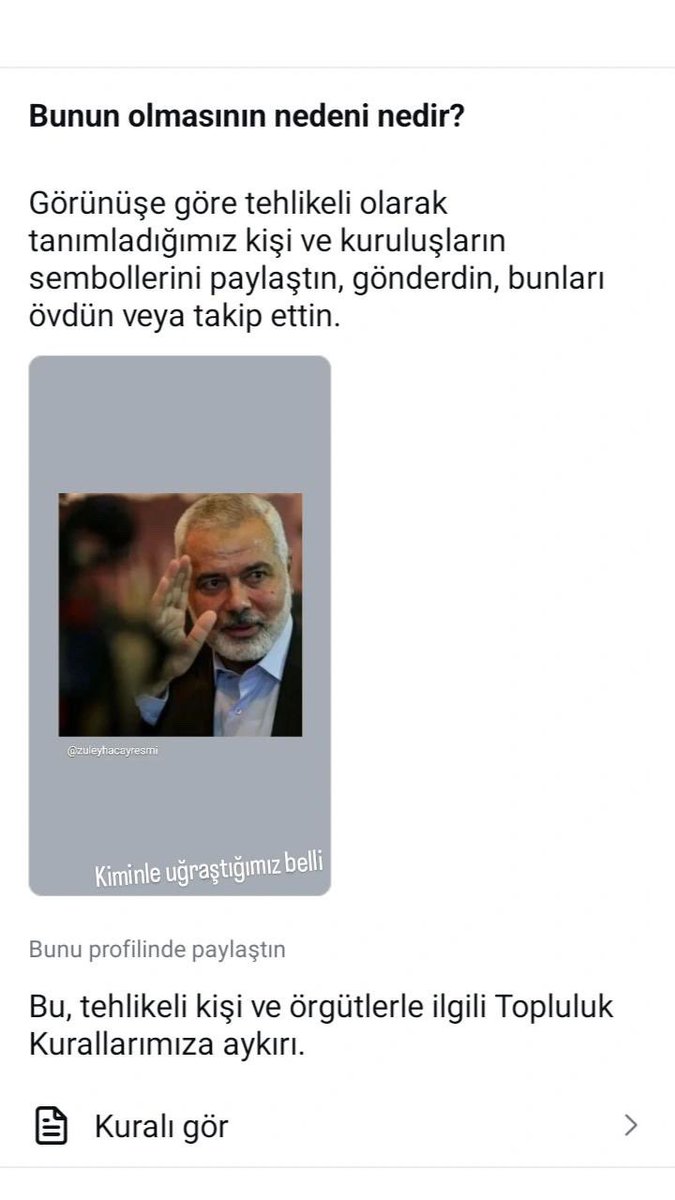 saidercan's tweet photo. Meta(İnstagram, Facebook, whatsapp) bugün İsmail Heniye fotoğrafı paylaşan büyük küçük bütün hesapları engelledi, paylaşımları kaldırdı. Yapay zeka algoritması bu kadar hızlı davrandığına göre suikast öncesi Meta ekibi önceden sansür kararını almış anlaşılan, karartarak gerçeklerin üzeri örtülemez!sansürcü @instagram #MetaCensorship