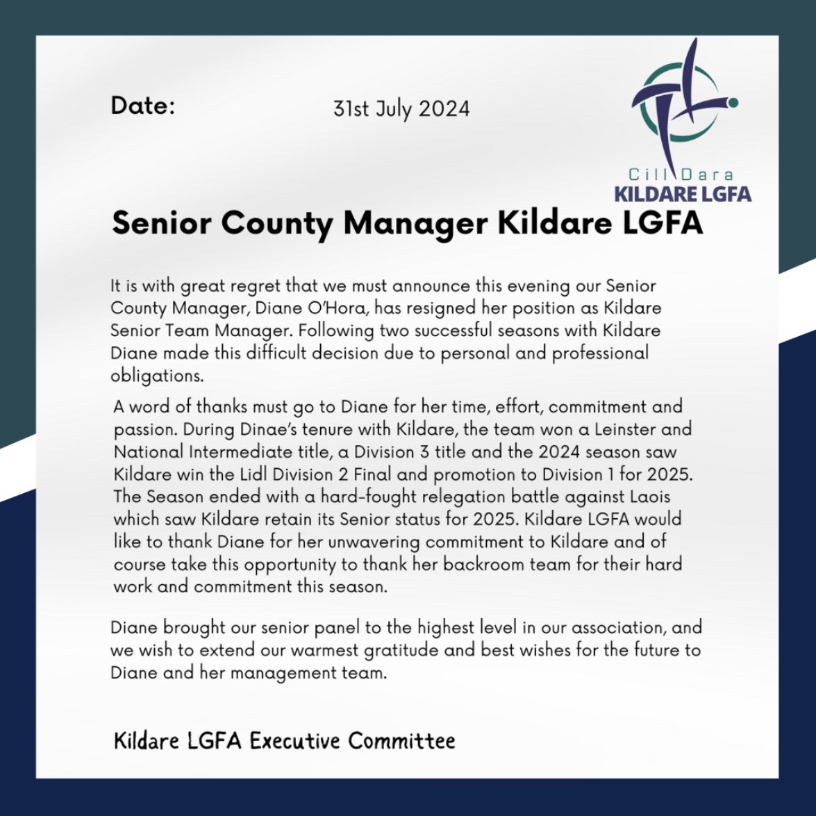 KildareLGFA1's tweet photo. STATEMENT FROM KILDARE LGFA

It is with regret that we must announce the resignation of our Senior Manager Diane O’Hora this evening. 

We would like to thank Diane for her contribution and dedication to Kildare LGFA over the past 3 years and we wish Diane the best of luck. https://t.co/mLbDmY4pks