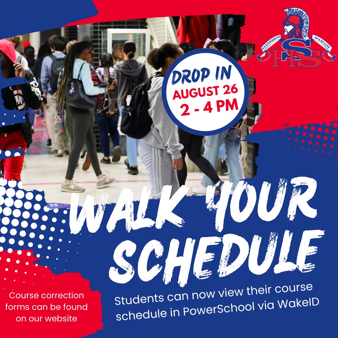 SpartanTweets's tweet photo. Spartans, your schedule is available in PowerSchool. 
Stop by on Aug. 26 from 2-4 PM to walk your schedule!

If you would like to request a course correction, please complete the Course Correction Form (do not email your counselor).
Course Correction info:
https://t.co/nXHlw1jRCc https://t.co/hKpo90Jewe