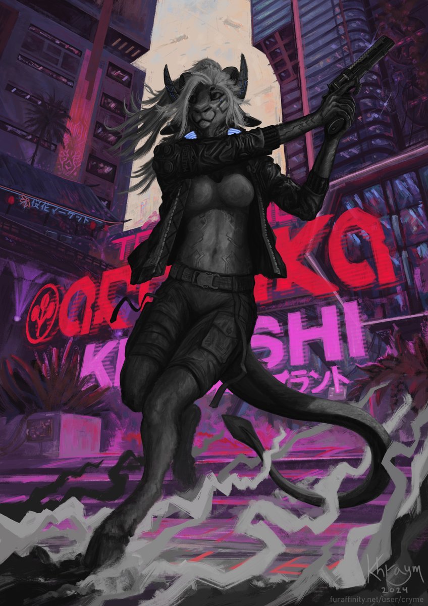 A cyberpunk thingy for @ChaZcaTrix and their cool character Chezza! A lot of fun drawing this theme, it's pretty different from what I do usually!