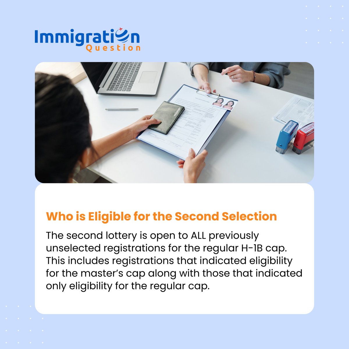 IMQuestionUSA's tweet image. Exciting News! USCIS has announced a second H-1B cap lottery for FY 2025. Great opportunity for H-1B applicants and employers.

Learn more and stay updated by visiting i.mtr.cool/dobhqepzts
#H1BNews #USCISUpdates #ImmigrationAlert #H1BLottery #immigrationquestion
