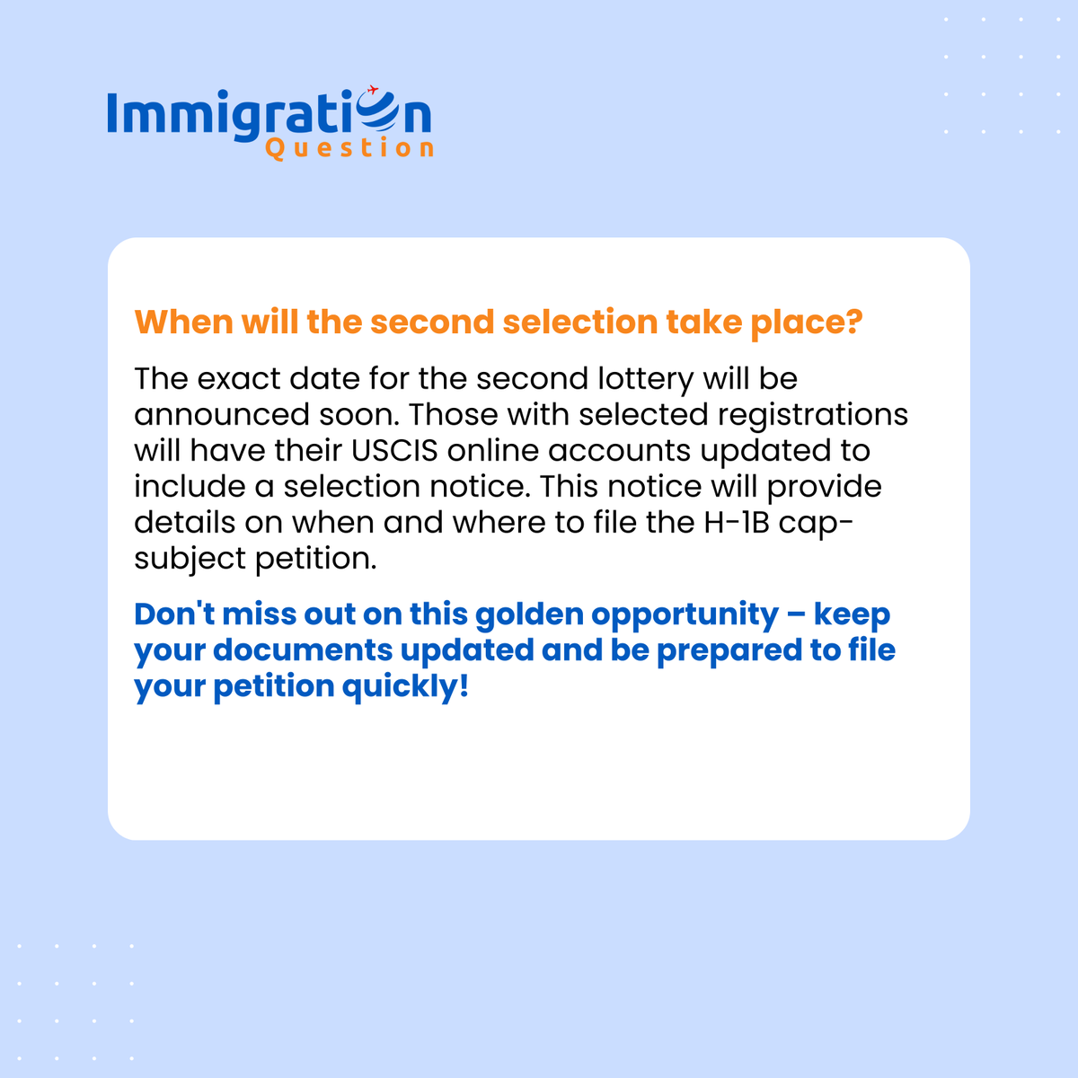 IMQuestionUSA's tweet image. Exciting News! USCIS has announced a second H-1B cap lottery for FY 2025. Great opportunity for H-1B applicants and employers.

Learn more and stay updated by visiting i.mtr.cool/dobhqepzts
#H1BNews #USCISUpdates #ImmigrationAlert #H1BLottery #immigrationquestion
