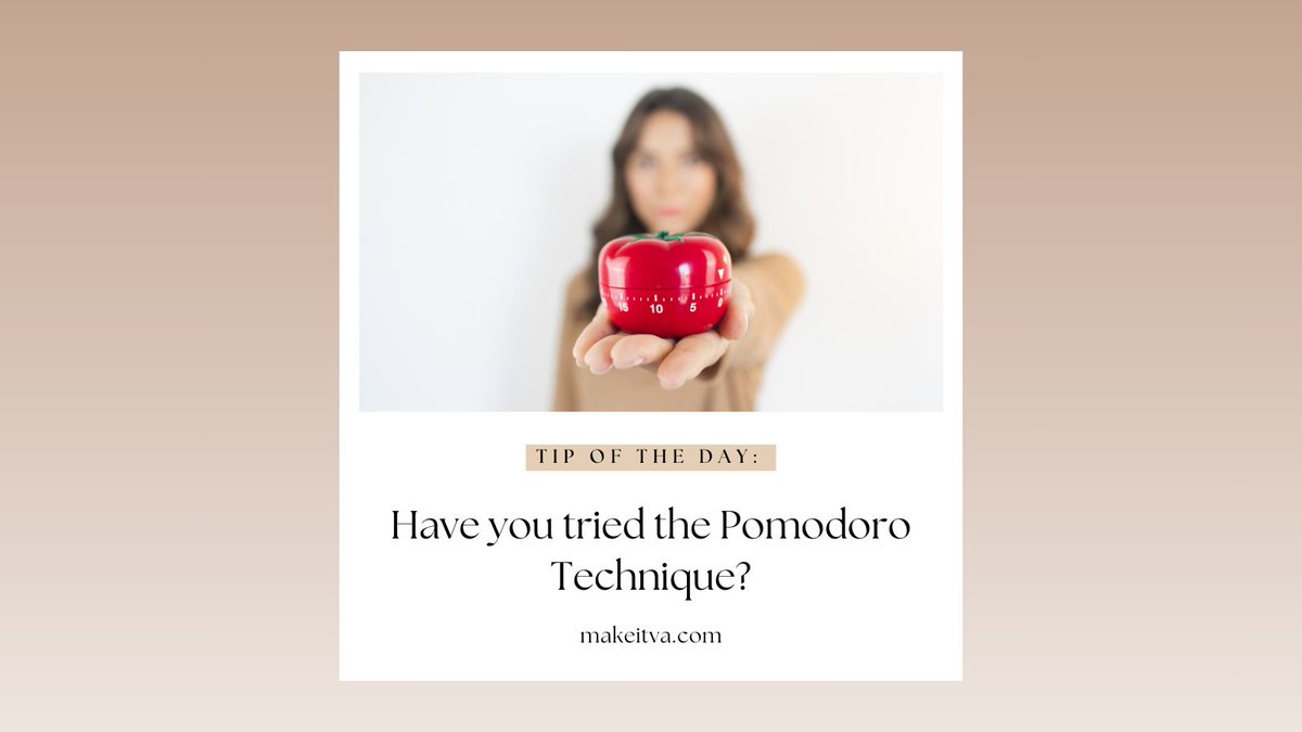 MakeITVA's tweet image. Tip of the Day: Try the Pomodoro Technique! 🍅 Work 25 mins, rest 5 mins. It&apos;s simple but boosts focus and prevents burnout. Have you tried it? #PomodoroTechnique #WorkSmartWednesday #BoostProductivity