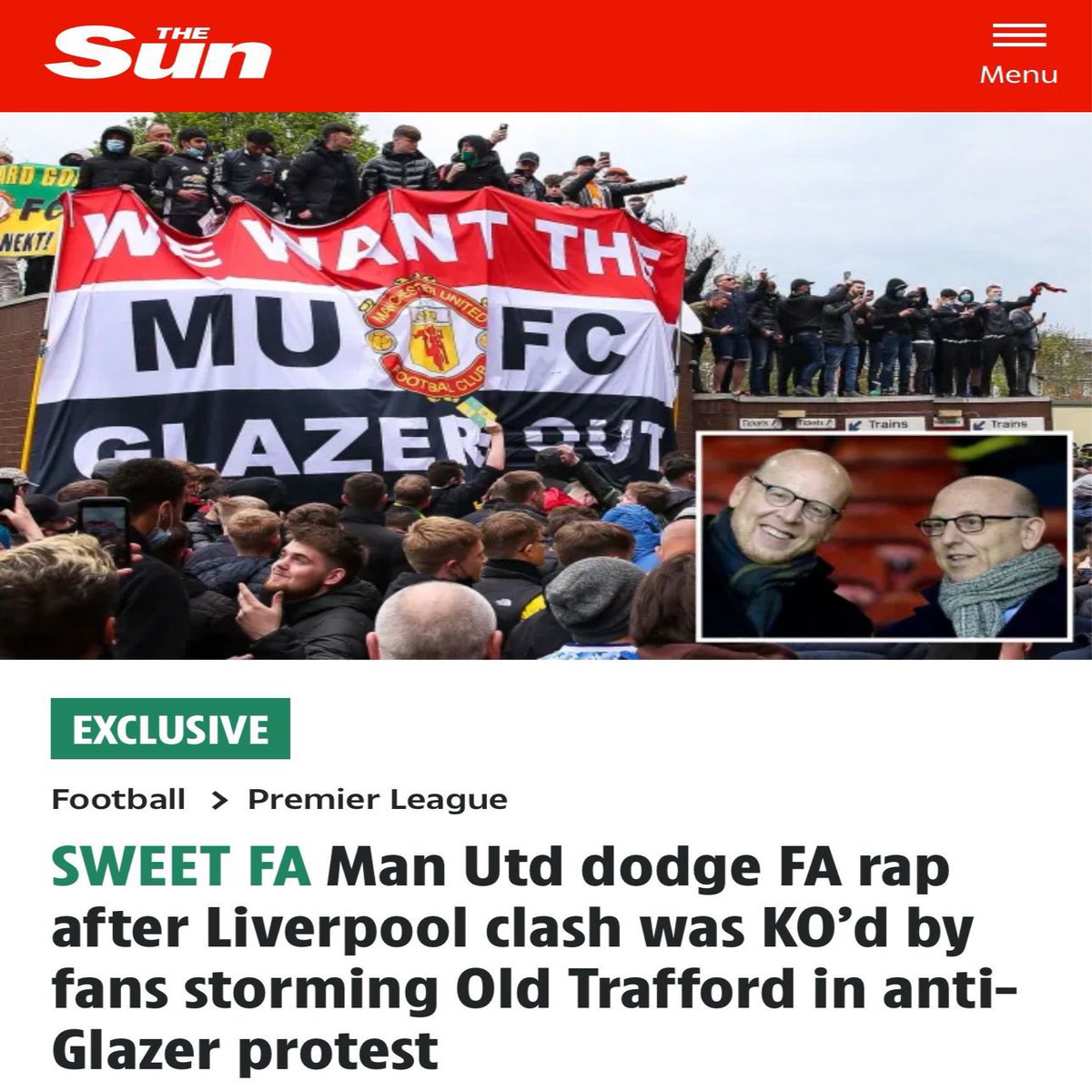 City fined £2m for delaying kick-off by a minute or two.

Man United have their match with Liverpool postponed after United fans brake into Old Trafford.

United were NOT fined, the match was played several days later.