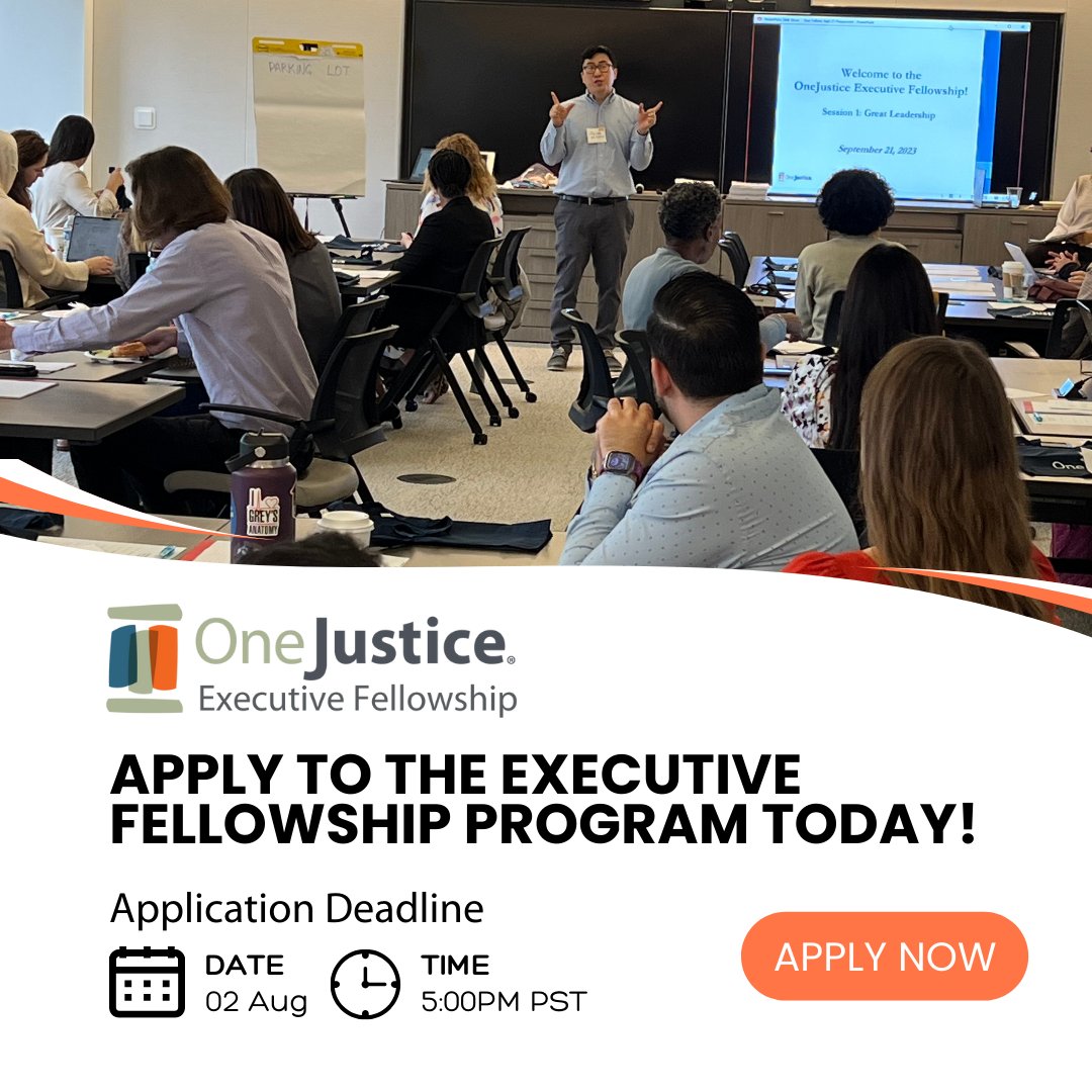 OneJusticeOrg's tweet photo. Applications for our 2024-2025 Executive Fellowship program close this Friday, Aug 2nd at 5pm PST.
We're reviewing applications on a rolling basis, submit sooner rather than later!

https://t.co/1VdKPD7Bw8 https://t.co/rArxFwzbUM