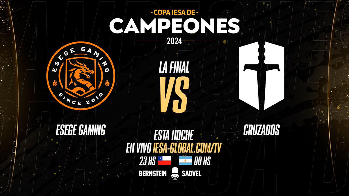 IESA Argentina (@iesafifaar) on Twitter photo 🏆 HABEMUS FINAL DE LA COPA IESA DE CAMPEONES
⚽ @esegegaming 🆚 <a href="/CruzadosEsports/">Cruzados Esports</a>
⏳ 23:59 (Hora Arg)
🎙️ <a href="/matibernstein/">matias bernstein</a>
📺 twitch.tv/iesaargentina
#CopaIESAdeCampeones 🏆 HABEMUS FINAL DE LA COPA IESA DE CAMPEONES
⚽ @esegegaming 🆚 <a href="/CruzadosEsports/">Cruzados Esports</a>
⏳ 23:59 (Hora Arg)
🎙️ <a href="/matibernstein/">matias bernstein</a>
📺 twitch.tv/iesaargentina
#CopaIESAdeCampeones