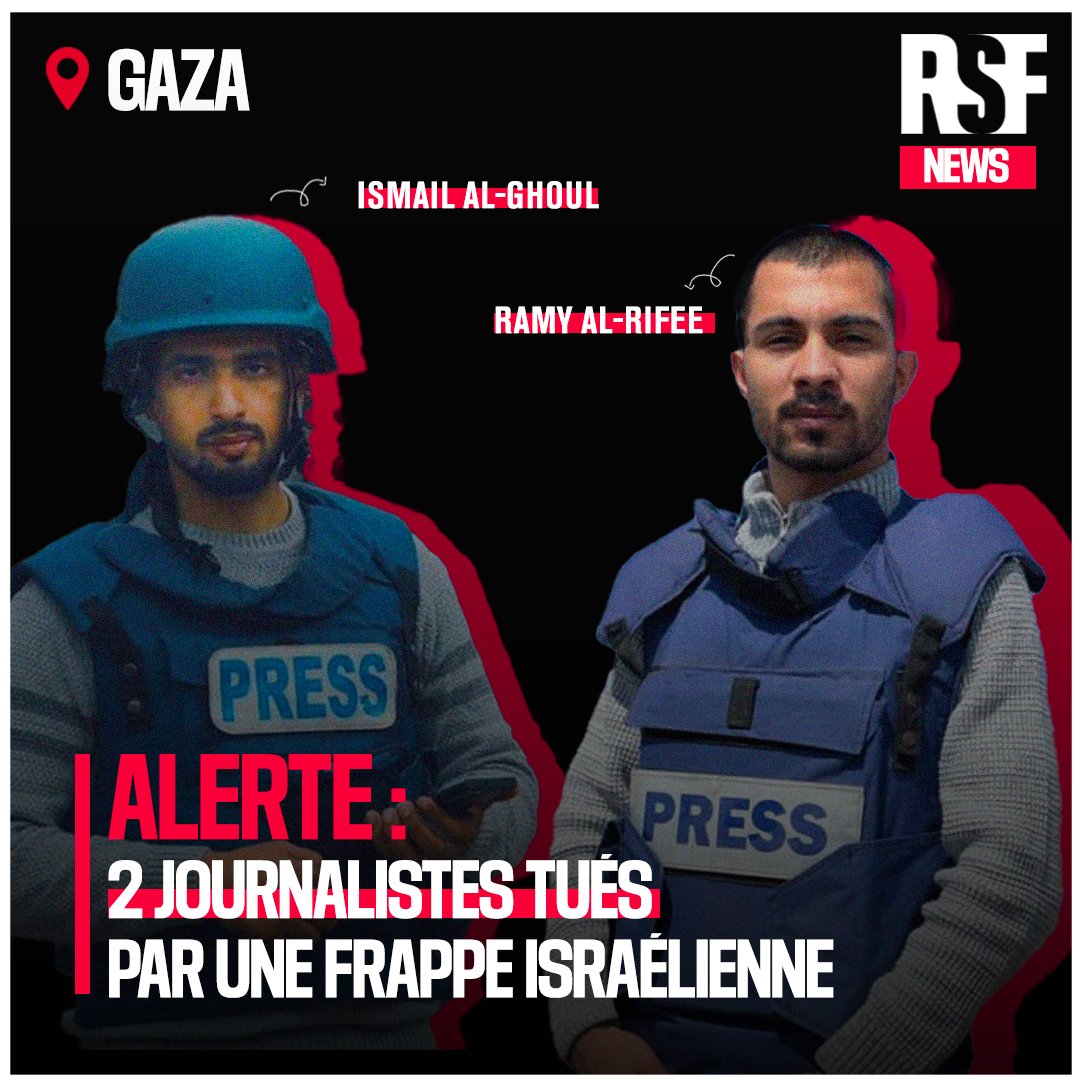 RSF (@rsf_inter) on Twitter photo Victimes d'1 frappe🇮🇱sur leur voiture presse ds le camp d'Al-Shati alors qu'ils étaient en reportage, les reporters d'<a href="/AlJazeera/">Al Jazeera PR</a> Ismail al-Ghoul & Ramy al-Rifee rejoignent la trop longue liste des journalistes tués à #Gaza. Les journalistes doivent être protégés de toute urgence! Victimes d'1 frappe🇮🇱sur leur voiture presse ds le camp d'Al-Shati alors qu'ils étaient en reportage, les reporters d'<a href="/AlJazeera/">Al Jazeera PR</a> Ismail al-Ghoul & Ramy al-Rifee rejoignent la trop longue liste des journalistes tués à #Gaza. Les journalistes doivent être protégés de toute urgence!